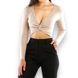 UO Dreamers Bu Debut Sweater Womens Small Taupe Knot Front Cropped Long Sleeve M